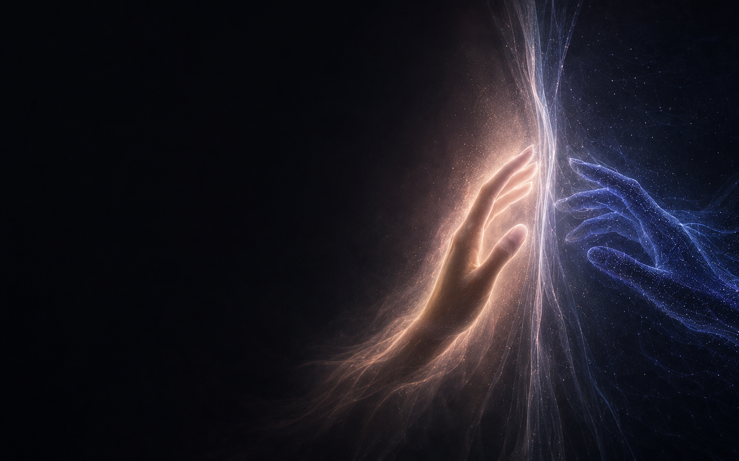 Una presenza umana e una presenza sintetica si incontrano tra luce calda e luce blu